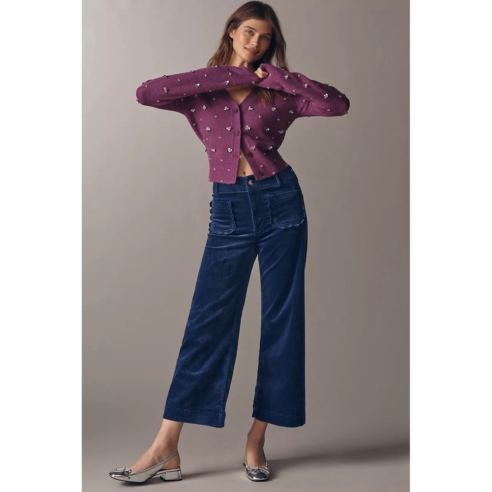 Anthropologie Maeve Colette Corduroy Wide Leg Crop Pants Blue 34 Scallop - Picture 1 of 9